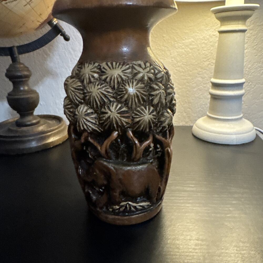 Hand Carved Wood 3D VASE Sculpture India Art Elephant Jungle Palm Tree